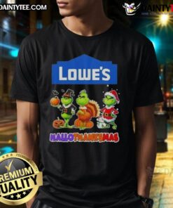 Alt Text: Awesome Lowes X Grinch cosplay Happy Hallothanksmas T-shirt featuring festive graphics and vibrant colors.