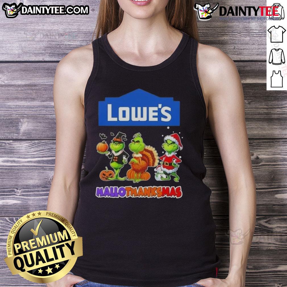 Awesome Lowe’S X Grinch Cosplay Happy Hallothanksmas Tank Top Awesome Lowe's X Grinch cosplay tank top for Happy HalloThanksMas celebration, featuring festive design and vibrant colors.