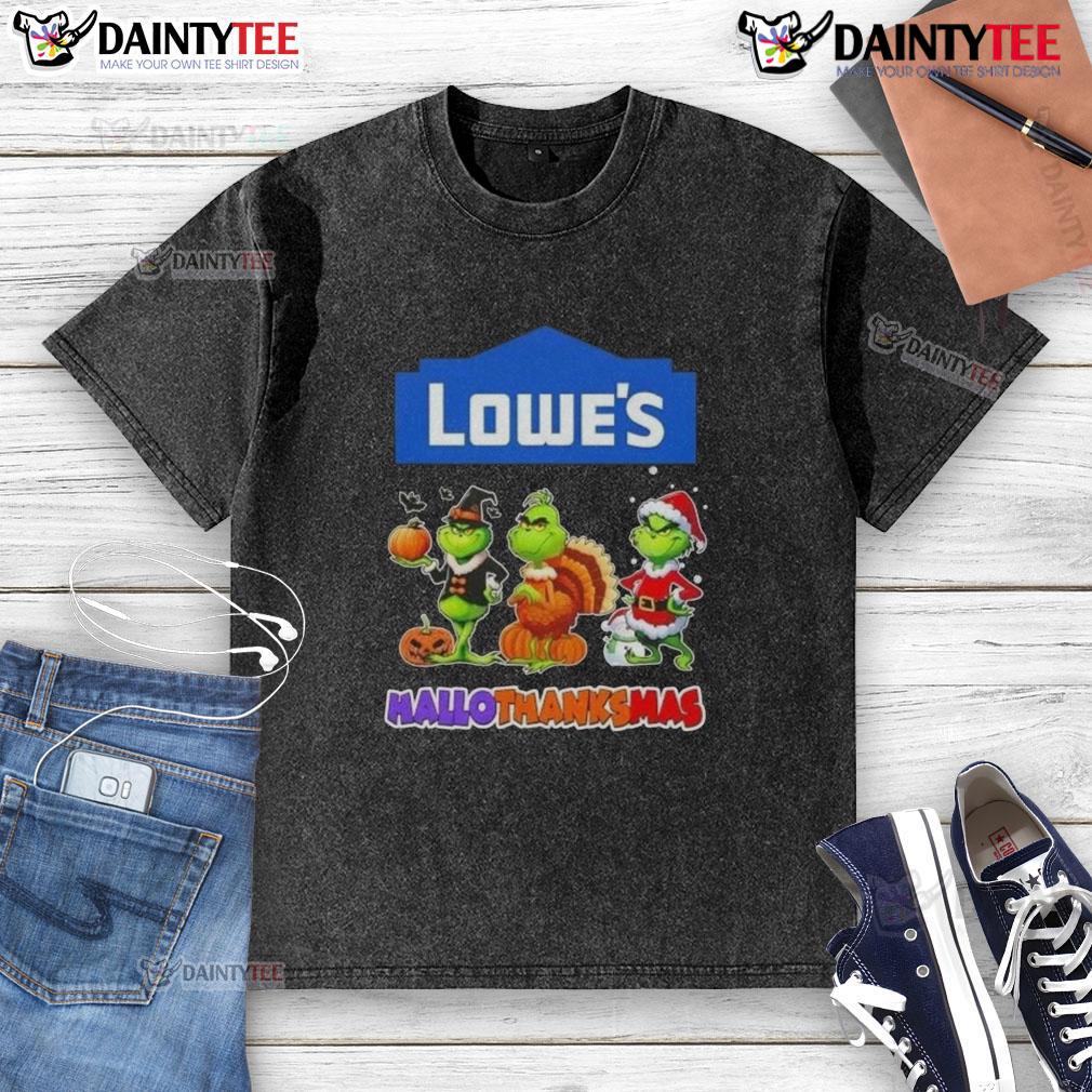 Awesome Lowe’S X Grinch Cosplay Happy Hallothanksmas Washed T Shirt Awesome Lowe's X Grinch cosplay t-shirt for Happy HalloThanksMas, featuring a festive design perfect for the holiday season.