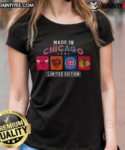 Chicago sports ladies tee featuring Bulls, Bears, Cubs, and Blackhawks logos, perfect for fans and stylish wear.