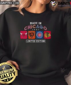 Awesome Made in Chicago sports sweatshirt featuring Bulls, Bears, Cubs, and Blackhawks logos for fans of all teams.