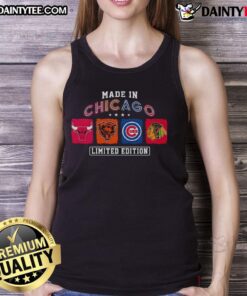 Awesome Made in Chicago sports tank top featuring Bulls, Bears, Cubs, and Blackhawks logos for fans.