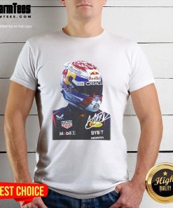 Max Verstappen Racing T-Shirt featuring a bold graphic of his face and signature, perfect for Formula 1 fans.