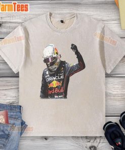 Max Verstappen victory graphic washed t-shirt showcasing vibrant design and comfortable fit for racing fans.