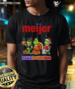 Awesome Meijer X Grinch Cosplay T-Shirt for Happy Hallothanksmas featuring vibrant colors and festive design.