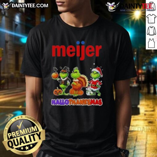 Awesome Meijer X Grinch Cosplay T-Shirt for Happy Hallothanksmas featuring vibrant colors and festive design.