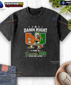 Alt Text: Miami Hurricanes mascot on a washed t-shirt, perfect for any Canes fan, win or lose. Awesome Miami Hurricanes gear.