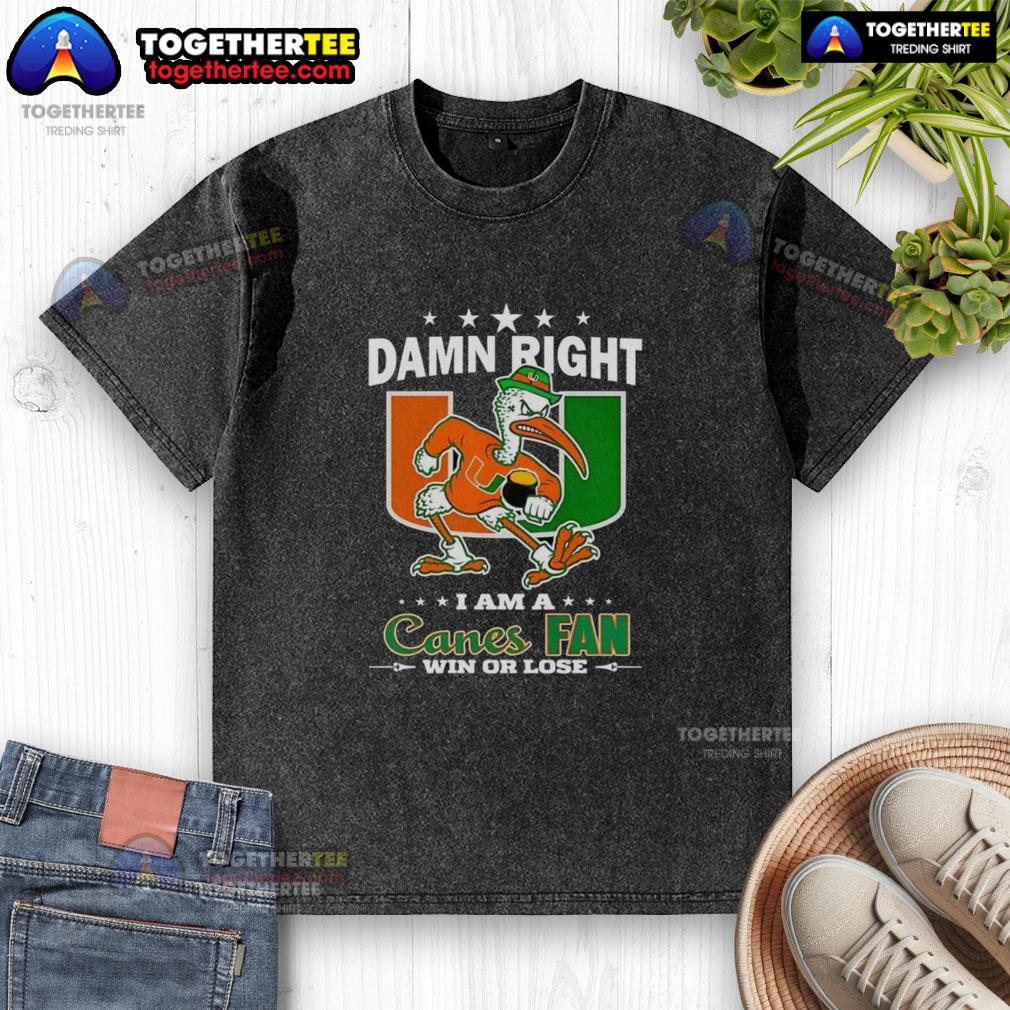 Awesome Miami Hurricanes Damn Right I Am A Canes Fan Win Or Lose Mascot Washed T-Shirt Alt Text: Miami Hurricanes mascot on a washed t-shirt, perfect for any Canes fan, win or lose. Awesome Miami Hurricanes gear.