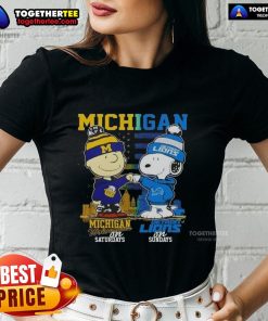 Awesome Michigan Sports tee featuring Charlie Brown Wolverines for Saturdays and Snoopy Detroit Lions for Sundays skyline design.