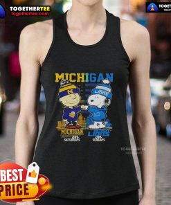 Awesome Michigan Sports tank top featuring Charlie Brown Wolverines and Snoopy Detroit Lions skyline design.
