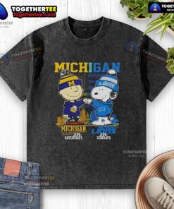 Awesome Michigan sports t-shirt featuring Charlie Brown Wolverines and Snoopy Detroit Lions skyline design.