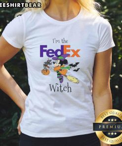 Awesome Minnie Mouse FedEx Witch Trick or Treat Halloween Ladies Tee featuring a fun design for festive celebrations.