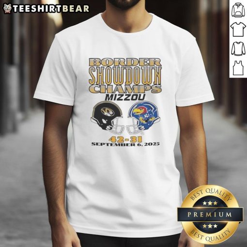 Alt Text: 2025 Mizzou football t-shirt celebrating the Missouri Tigers vs Kansas University Border Showdown champs.