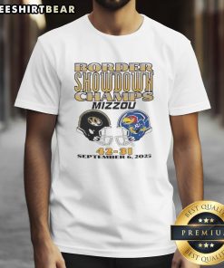 Alt Text: 2025 Mizzou football t-shirt celebrating the Missouri Tigers vs Kansas University Border Showdown champs.