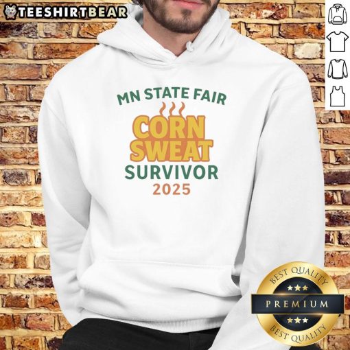 Awesome MN State Fair Corn Sweat Survivor 2025 Hoodie featuring vibrant graphics and cozy design for fair enthusiasts.