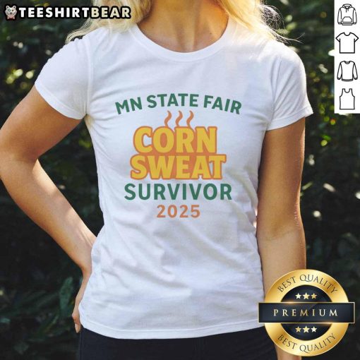 Awesome MN State Fair Corn Sweat Survivor 2025 Ladies Tee featuring a fun design perfect for fairgoers and summer events.