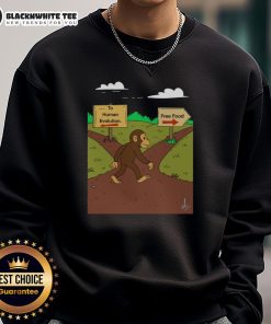 Awesome Monkey sweatshirt featuring 'The Primal Choice: Human Evolution vs. Free Food' design in vibrant colors.