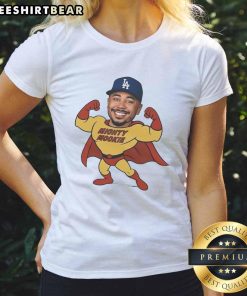 Alt Text: Awesome Mookie Betts Los Angeles Dodgers Mighty Mookie ladies tee showcasing sporty design and team spirit.