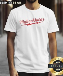 Alt Text: Awesome Mybackhurts retro red logo t-shirt featuring a bold design, perfect for casual wear and comfort.