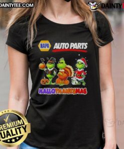 Awesome Napa Auto Parts X Grinch Cosplay Happy HalloThanksMas Ladies Tee featuring festive design and vibrant colors.