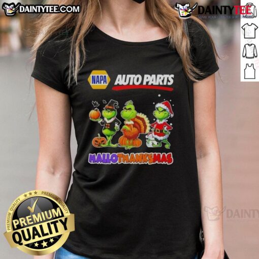 Awesome Napa Auto Parts X Grinch Cosplay Happy HalloThanksMas Ladies Tee featuring festive design and vibrant colors.