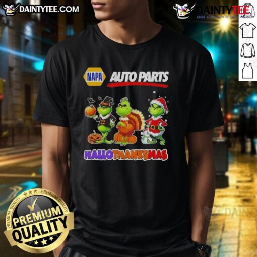 Awesome Napa Auto Parts X Grinch cosplay T-shirt for Happy Hallothanksmas celebration, featuring festive design and vibrant colors.