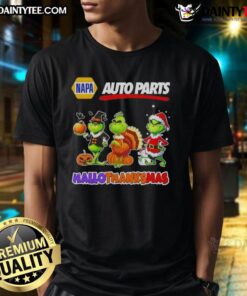 Awesome Napa Auto Parts X Grinch cosplay T-shirt for Happy Hallothanksmas celebration, featuring festive design and vibrant colors.