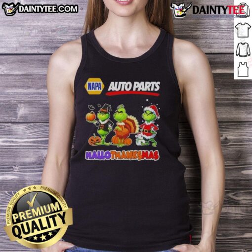 Awesome Napa Auto Parts X Grinch cosplay tank top for Happy HalloThanksMas celebration, showcasing festive design and style.