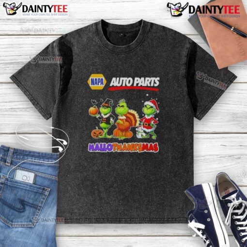 Awesome Napa Auto Parts X Grinch cosplay t-shirt for Happy HalloThanksMas, featuring festive design and vibrant colors.