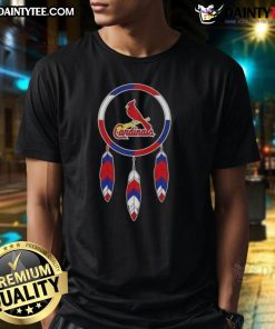 Alt Text: Awesome Native American Indians X St. Louis Cardinals Baseball T-Shirt featuring vibrant graphics and team colors.