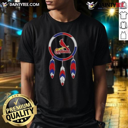 Alt Text: Awesome Native American Indians X St. Louis Cardinals Baseball T-Shirt featuring vibrant graphics and team colors.