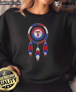 Alt Text: Awesome Native American Indians X Texas Rangers baseball sweatshirt featuring vibrant graphics and comfortable design.