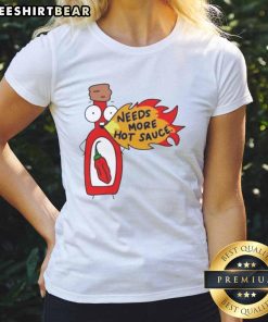 Cartoon of a lady craving hot sauce on a tee, perfect for spicy food lovers. Awesome Needs More Hot Sauce design.