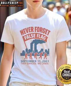 Awesome Never Forget False Flag 911 2001 T-Shirt featuring bold text design capturing remembrance and reflection.