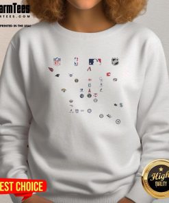 Awesome North American sports team logos on a cozy sweatshirt featuring NFL, NBA, MLB, and NHL designs.