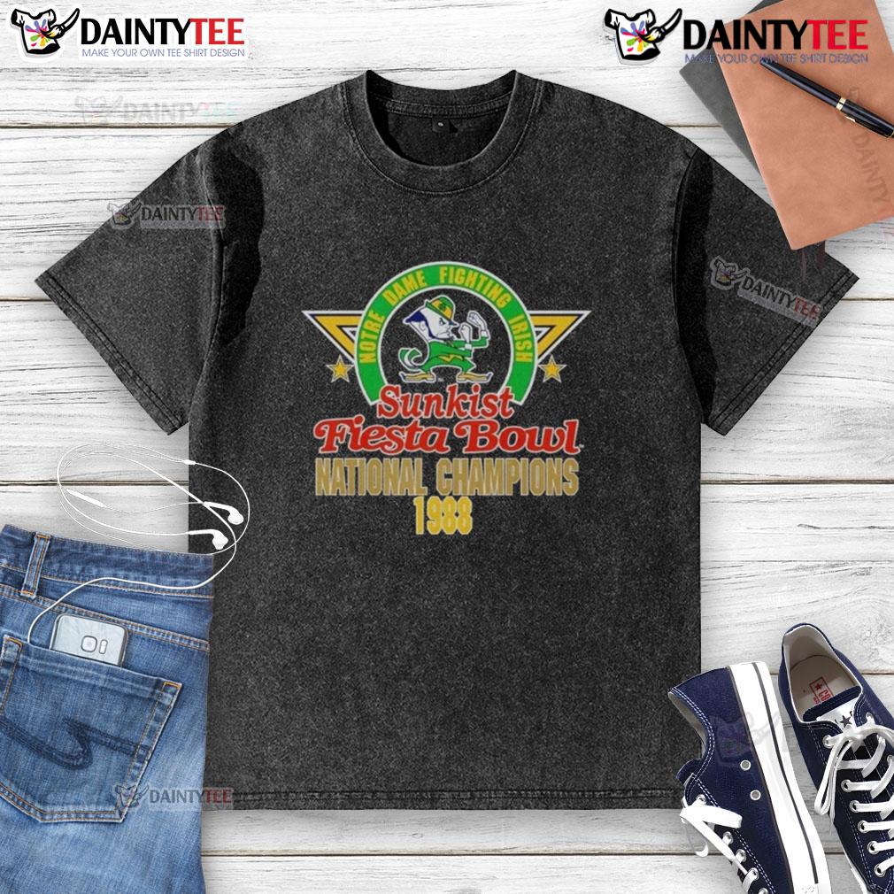 Awesome Notre Dame Sunkist Fiesta Bowl National Champions 1988 Washed T Shirt 1988 Notre Dame Sunkist Fiesta Bowl National Champions washed t-shirt, featuring vintage design and iconic team logo.