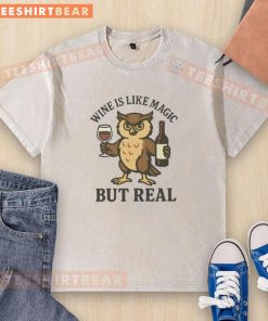 Awesome Owl Wine t-shirt featuring a whimsical owl design, blending magic and reality in a stylish washed look.
