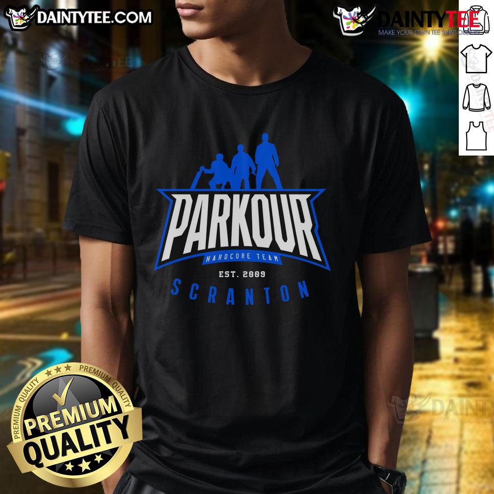 Awesome Parkour Hardcore Team Est 2009 Scranton T Shirt Awesome Parkour Hardcore Team Est 2009 Scranton T-Shirt featuring dynamic parkour graphics and bold team branding.