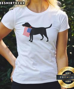 Patriotic dog wearing American flag tee for Fourth of July, perfect for pet lovers celebrating USA independence.