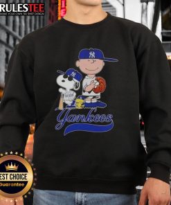 Awesome Peanuts characters Snoopy and Charlie Brown in New York Yankees baseball sweatshirt design for fans.