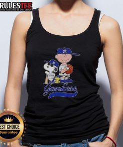 Alt Text: Snoopy and Charlie Brown in New York Yankees baseball tank top design, perfect for Peanuts fans and sports lovers.