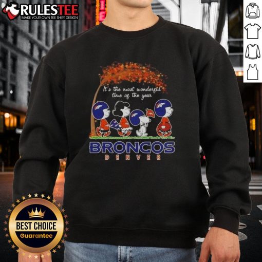 Awesome Peanuts sweatshirt for Denver Broncos fans celebrating the holidays with football spirit.