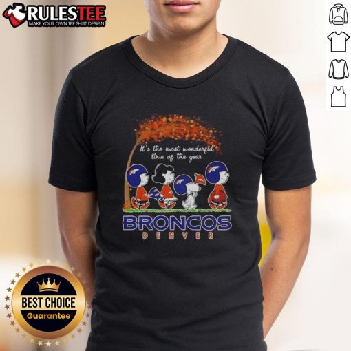 Awesome Peanuts 'It's The Most Wonderful Time Of The Year' Broncos Denver Football T-Shirt for fans and holiday cheer.