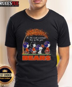 Awesome Peanuts 'It's The Most Wonderful Time Of The Year' Chicago Bears football T-shirt featuring festive graphics.