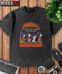 Alt Text: Awesome Peanuts 'Most Wonderful Time of the Year' Chicago Bears football washed t-shirt displayed on a hanger.