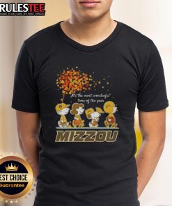 Awesome Peanuts 'It's The Most Wonderful Time Of The Year' Mizzou Tigers T-Shirt featuring festive design and vibrant colors.