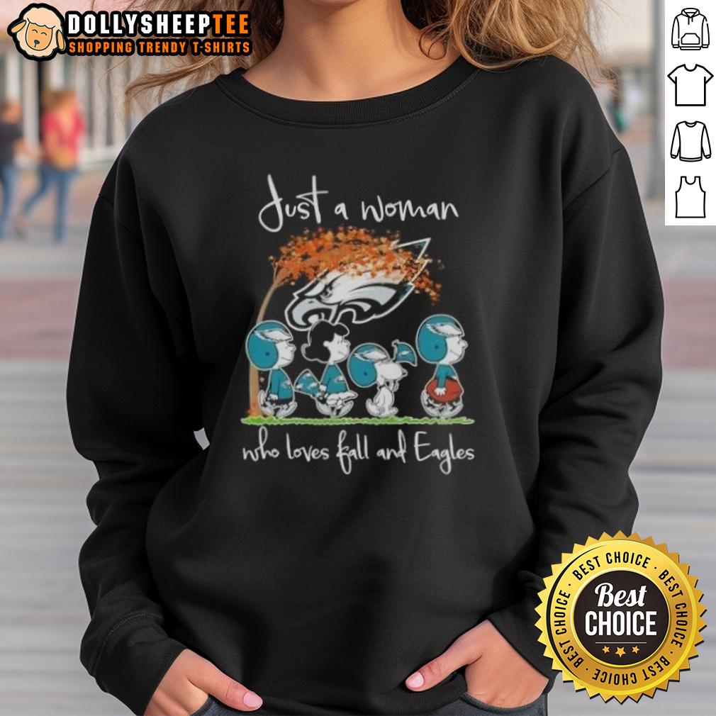 Awesome Peanuts Just A Woman Who Loves Fall And Philadelphia Eagles Football Sweatshirt Woman wearing 'Awesome Peanuts' sweatshirt, celebrating fall and Philadelphia Eagles football in cozy autumn setting.