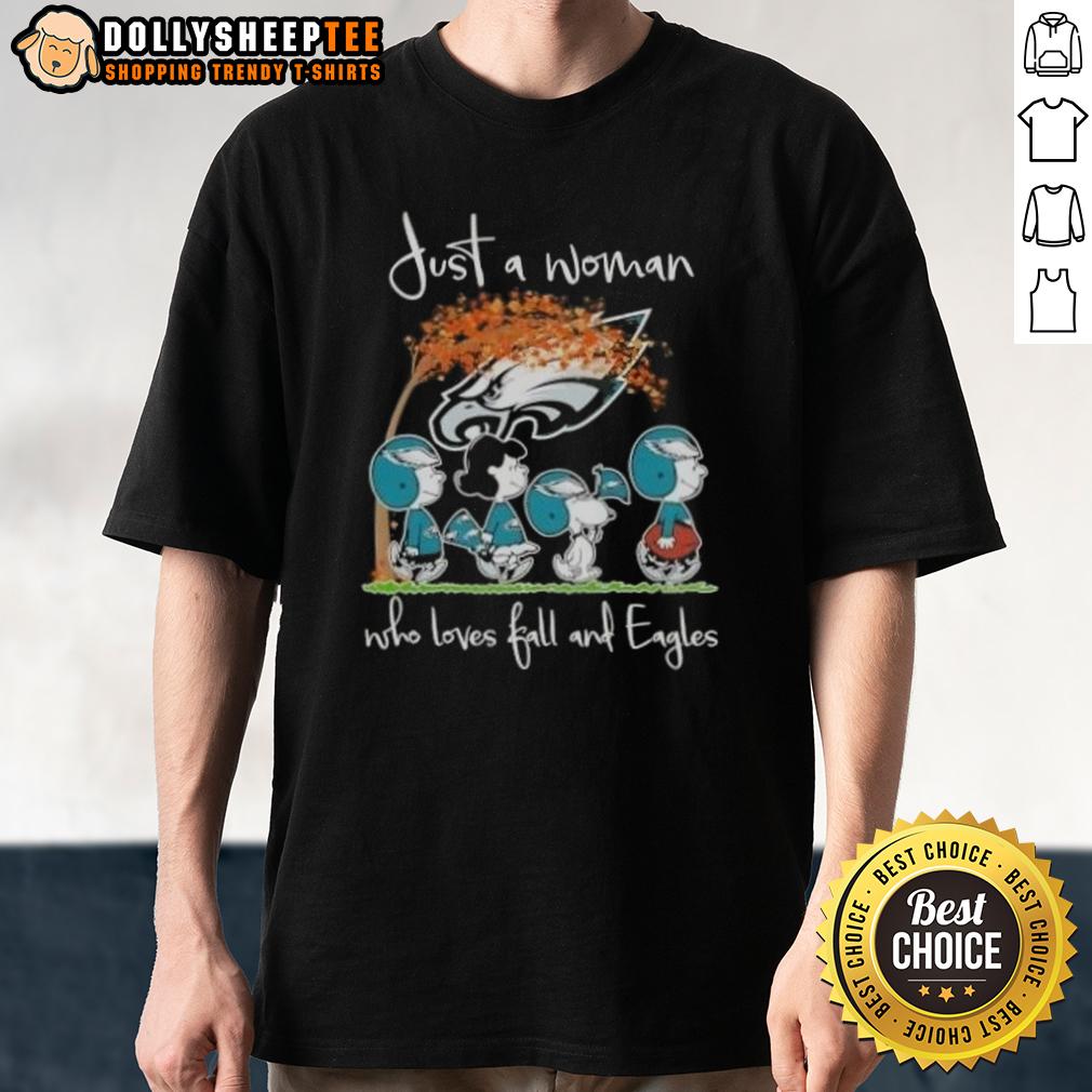 Awesome Peanuts Just A Woman Who Loves Fall And Philadelphia Eagles Football T-Shirt Awesome Peanuts t-shirt for women who love fall and Philadelphia Eagles football, featuring a cozy autumn design.
