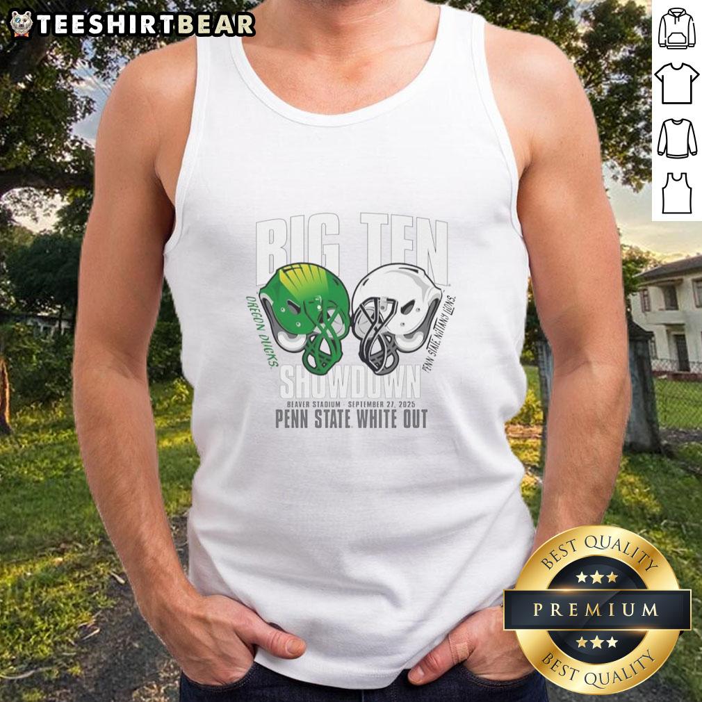 Awesome Penn State Nittany Lions Dueling Oregon Duckcs Big Ten 2025 White Out Tank Top Awesome Penn State Nittany Lions dueling Oregon Ducks Big Ten 2025 white-out tank top displayed on a mannequin.