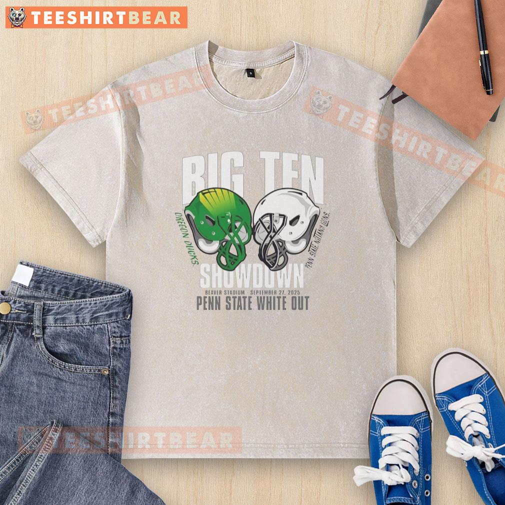 Awesome Penn State Nittany Lions Dueling Oregon Duckcs Big Ten 2025 White Out Washed T-Shirt Alt Text: Awesome Penn State Nittany Lions dueling Oregon Ducks Big Ten 2025 White Out washed T-shirt design
